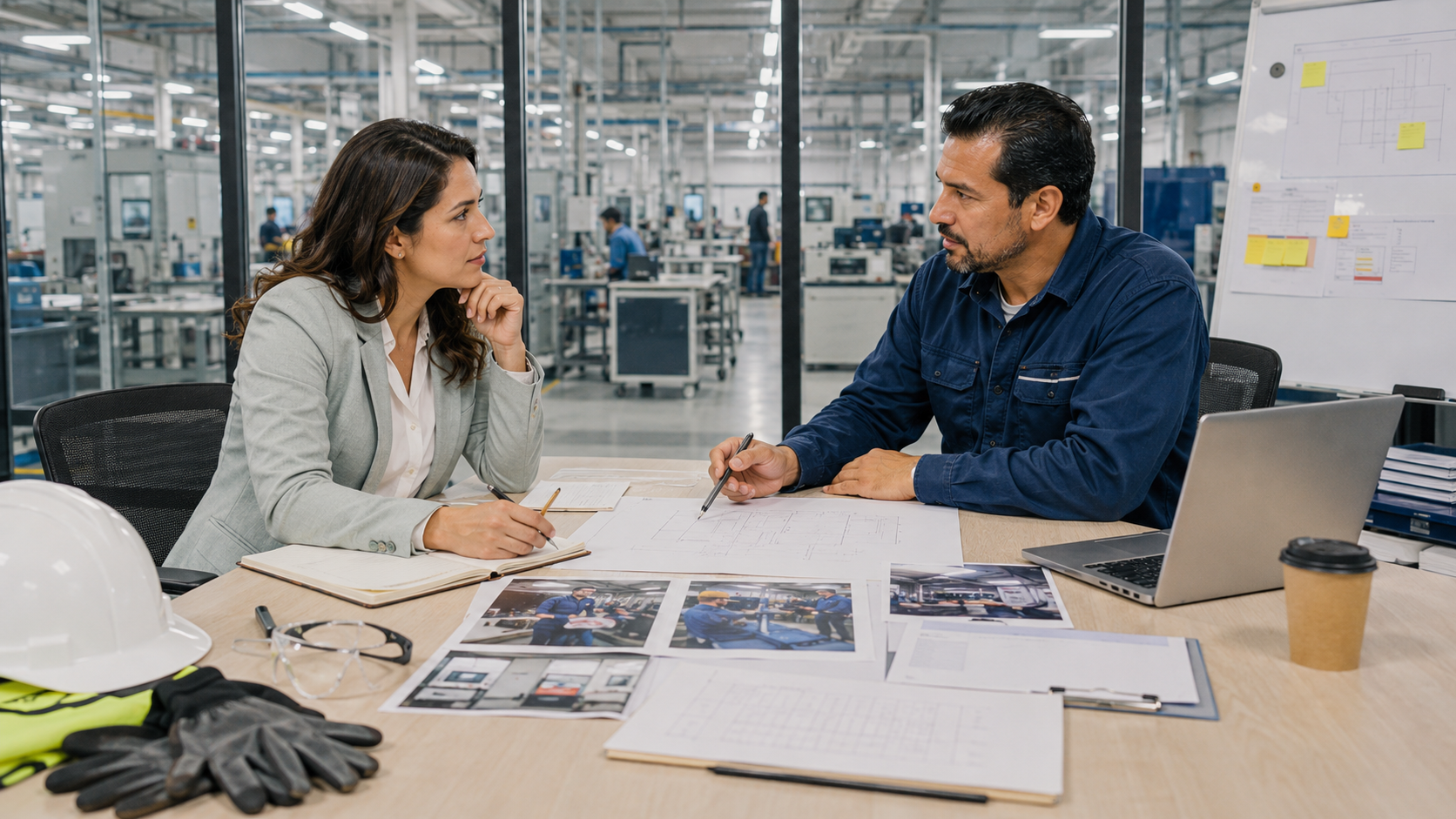 Recursos Humanos y responsable de planta definiendo criterios para una vacante de manufactura