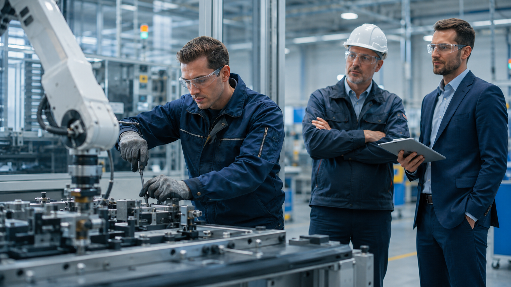 Candidato técnico demostrando afinidad con la vacante en una celda robótica industrial