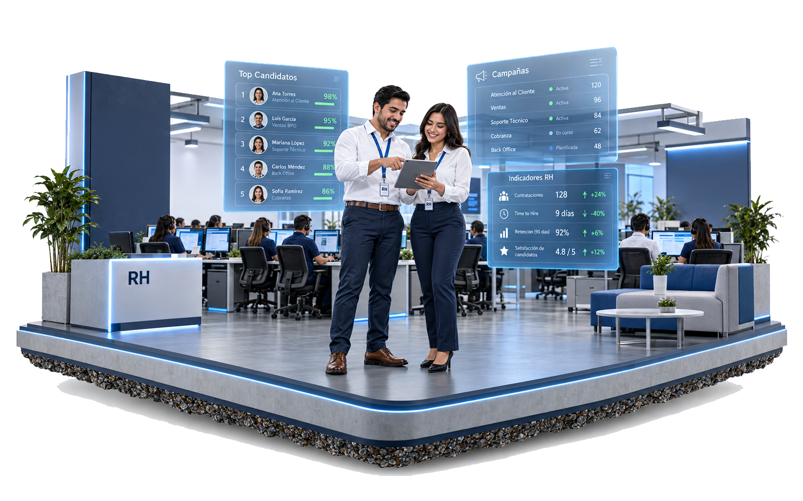 Equipo de Recursos Humanos y Operación revisando candidatos BPO